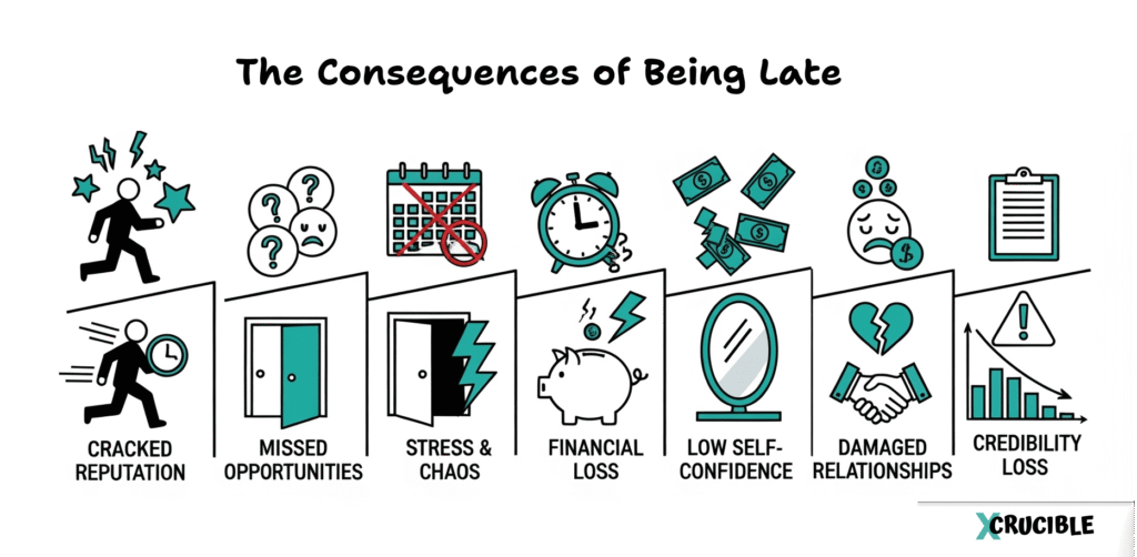 The consequences of being late include
1. Cracked reputation
2. Missed opportunities
3. Stress & Chaos
4. Financial loss
5. Low self-confidence
6. Damaged relationships
7. Credibility loss